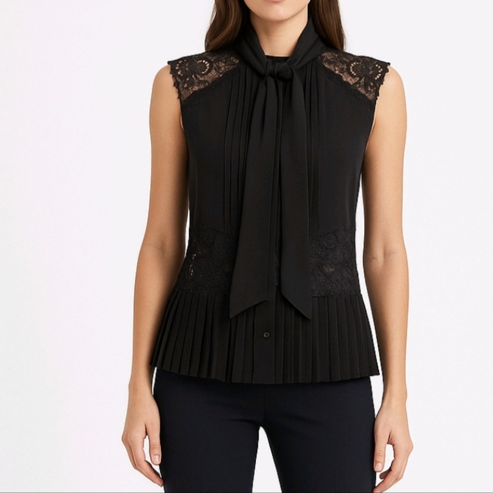 Guess Blouse Black Sleeveless Pleated Button Up Lace Ties At Necklin…NEW